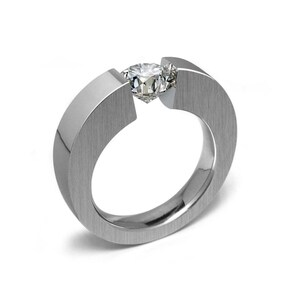 Tension Set White Sapphire Ring | Stainless Steel Flat Tapered | Abbracci Design by Taormina