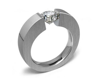 Tension Set White Sapphire Ring | Stainless Steel Tapered | Abbracci Design