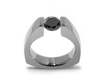 PYRAMID triangular shaped ring with tension set Black Diamond in stainless steel