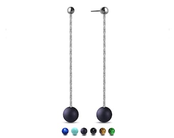 Minimalist Drop Earrings – Thin long square chain with natural round stone in stainless steel – Custom Length Available