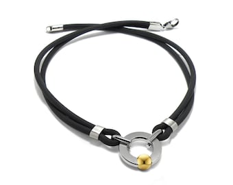 Tubular double black rubber necklace with round center piece and gold sphere