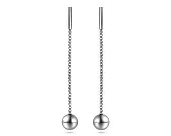 Long box chain earrings drop dangling stud with spheres in stainless steel