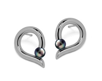 ONDE Teardrop shaped stud earrings with tension set black pearl in stainless steel
