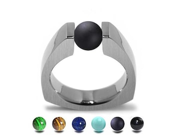 PYRAMID Triangular shaped ring with a tension set colored semiprecious sphere in stainless steel
