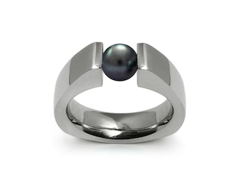 Tension Set Black Pearl Ring | Triangular High-Set Stainless Steel | Modern Pyramid Design