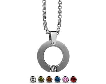 ABBRACCI flat round pendant with tension set gemstone in stainless steel
