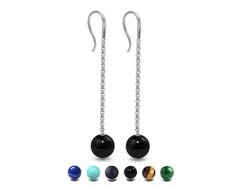Gemstone Bead Drop Earrings | Stainless Steel Dainty Chain Dangle Design | Custom Length Available
