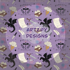 May include: A purple background with a repeating pattern of black dragons, books, swords, feathers, and flowers. The text "BASGIATH WAR COLLEGE" and "violent little thing" are repeated throughout the pattern. The text "ARTZIFY DESIGNS" is in the center of the image.