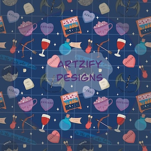 May include: A seamless pattern featuring a variety of illustrations on a dark blue background. The illustrations include hearts, teacups, potion bottles, bows and arrows, and a variety of text. The text includes "To the stars who listen", "Velaris", "Rhysand", "Cassian", "Azriel", "Tamlin's Tears", and "Suriel Tea".
