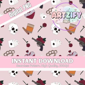 Op de afbeelding: Een naadloos patroon met illustraties van schedels, speelkaarten, revolvers met rozen, boksbeugels en sigaren op een lichtroze achtergrond. De woorden "Digital PNG" en "INSTANT DOWNLOAD" zijn zichtbaar.