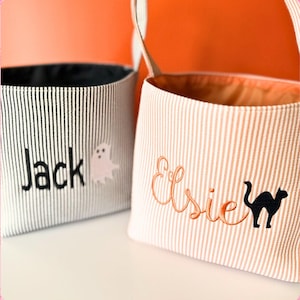 Personalized Seersucker Halloween Basket Trick Treat Candy Custom Embroidered Bag Storage Candy Storage Ghost Design Custom Name Holiday Bag