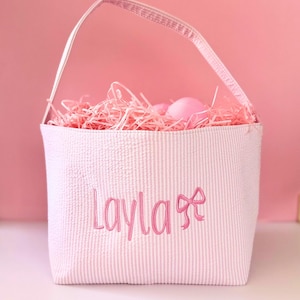 Easter Basket for Girl Personalized Embroidered Name Pink Bunny Coquette Bow Design for Child Easter Egg Hunt Preppy Seersucker Basket