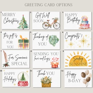 May include: A collection of white greeting cards with various designs and messages. The cards include phrases like "Merry Christmas," "Happy Birthday," and "Thank You." Each card features unique illustrations, such as a Christmas tree, a bicycle, and a cake.