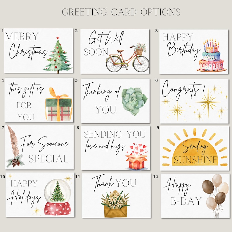 May include: A collection of white greeting cards with various designs and messages. The cards include phrases like "Merry Christmas," "Happy Birthday," and "Thank You." Each card features unique illustrations, such as a Christmas tree, a bicycle, and a cake.