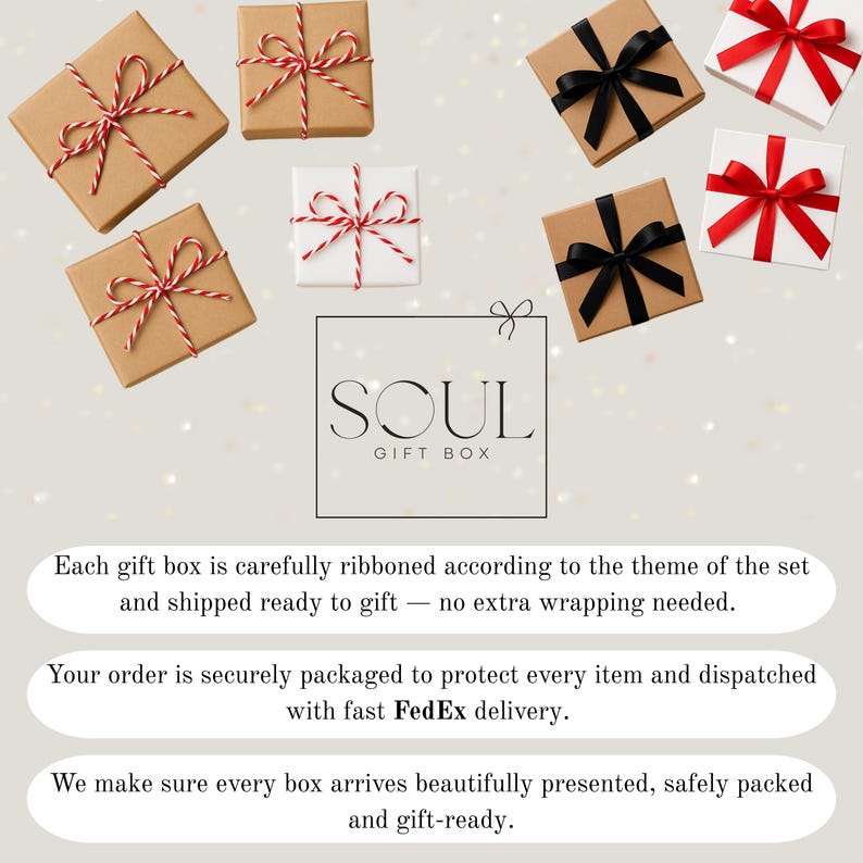 May include: An assortment of gift boxes in various colors, including brown and white, are arranged against a light background. Each box is adorned with ribbons in red, black, and white. The text "SOUL GIFT BOX" is also visible.