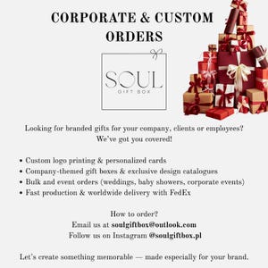 May include: Image promoting corporate and custom gift boxes. The image features a logo for Soul Gift Box, text about branded gifts, and a stack of wrapped gift boxes in various sizes and colors, including red, brown, and white.