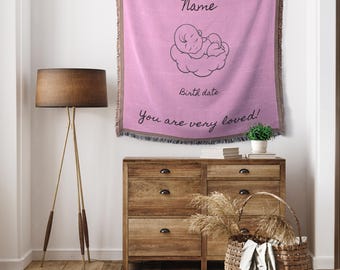 Baby Personalized Name Birthdate Woven Blanket