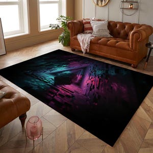 Könnte beinhalten: Abstrakter geometrischer Teppich mit dunklem Hintergrund und leuchtenden Rosa-, Blau- und Violetttönen. Der Teppich hat ein modernes und zeitgenössisches Design.