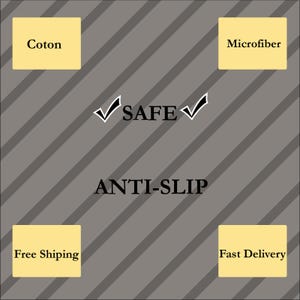 May include: Image with a gray background and diagonal stripes. Text includes "SAFE" with checkmarks, "ANTI-SLIP", "Coton", "Microfiber", "Free Shiping", and "Fast Delivery" in yellow boxes.