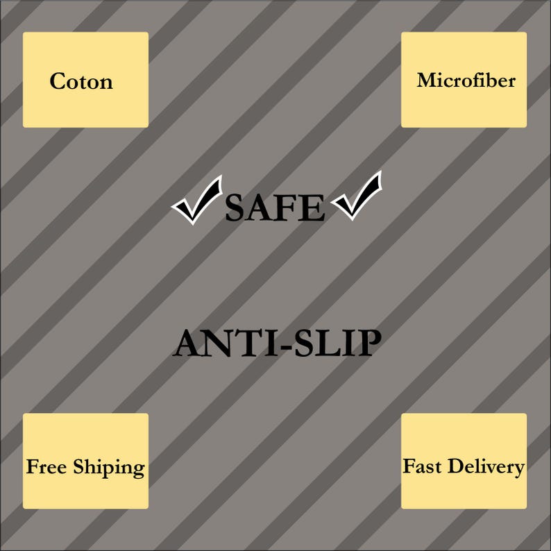 May include: Image with a gray background and diagonal stripes. Text includes "SAFE" with checkmarks, "ANTI-SLIP", "Coton", "Microfiber", "Free Shiping", and "Fast Delivery" in yellow boxes.