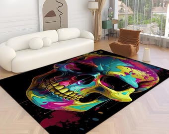 Alfombra de calavera, calavera, alfombra negra, alfombra estampada, alfombra colorida, alfombra para habitación de niño, alfombra para habitación de niña, regalo de cumpleaños, alfombra moderna, alfombra popular, alfombra genial