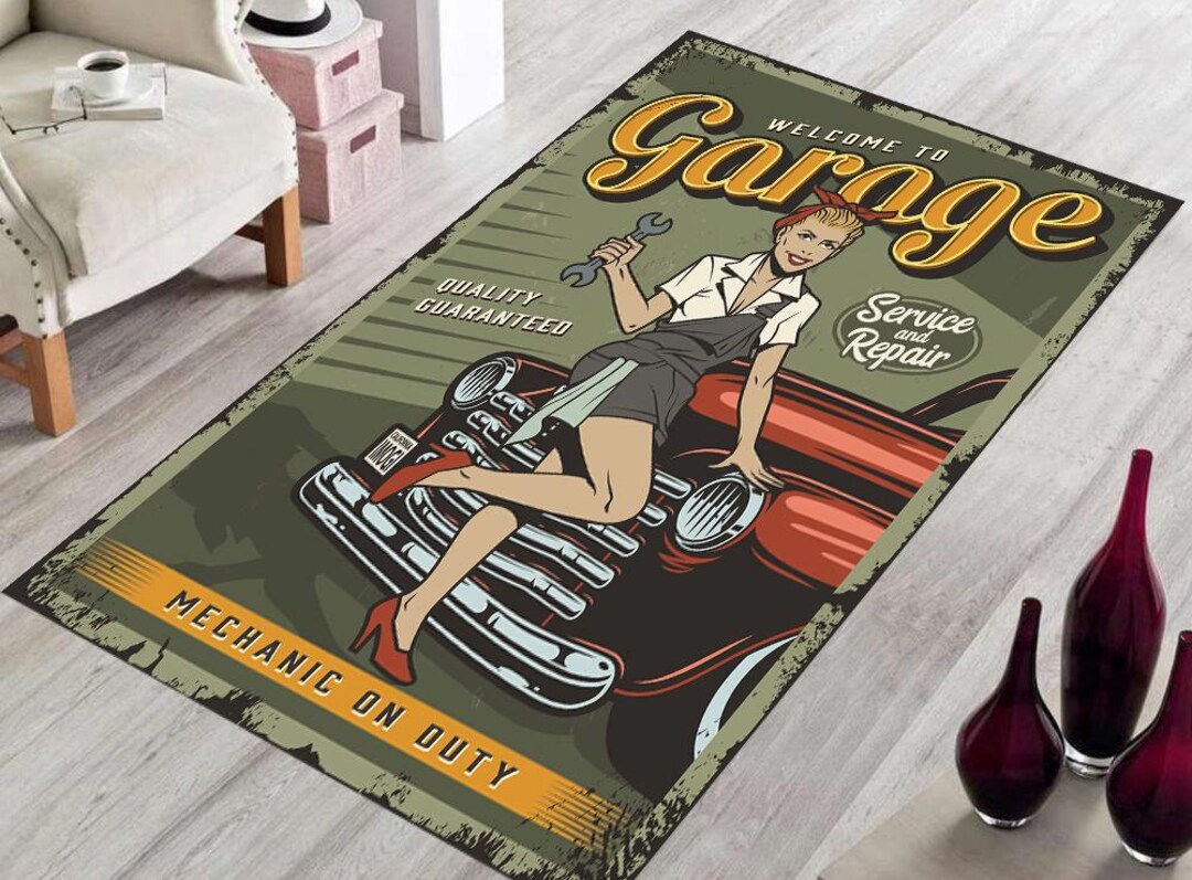 Mechanic Garage Rug: Colorful Car Service Design, Cotton Woven - Etsy