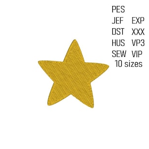 May include: A gold star embroidery design in 10 sizes. File formats include PES, JEF, EXP, DST, HUS, VP3, and SEW.