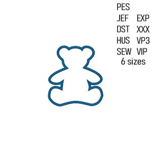 Può includere: Un contorno blu di un orsacchiotto in posizione seduta. L'immagine include anche testo che indica i formati di file: PES, JEF, DST, HUS, SEW, EXP, XXX, VP3, VIP, e il testo "6 dimensioni".