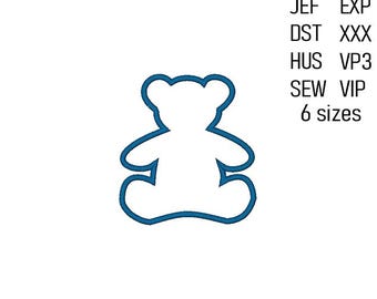 May include: A blue outline of a teddy bear in a sitting position. The image also includes text indicating file formats: PES, JEF, DST, HUS, SEW, EXP, XXX, VP3, VIP, and the text "6 sizes".