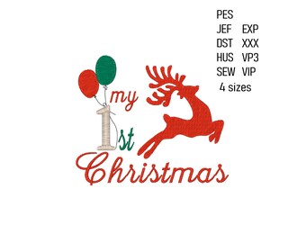 May include: A festive design featuring a red reindeer leaping to the right, with the words "my 1st Christmas" in red script. Two balloons, one red and one green, are attached to the number 1. The design is for embroidery.