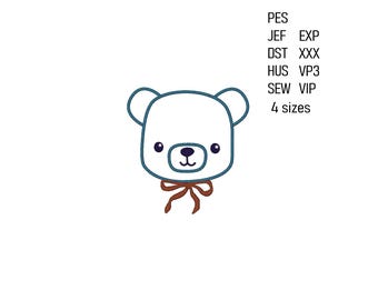 テディベアの顔のアップリケ刺繍デザイン、4サイズ