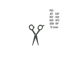 May include: Dark green embroidery scissors with round finger holes, set against a white background. Text on the right side includes file formats and "12 sizes".