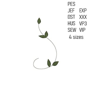May include: A simple embroidery design of a green vine with leaves. The design is available in four sizes and in the following formats: PES, JEF, EXP, DST, HUS, VP3, and SEW.