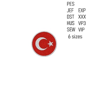 May include: A circular embroidered patch featuring the Turkish flag. The design includes a red background with a white crescent moon and star. Text on the right indicates file formats and sizes.