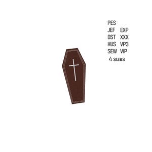 Peut inclure: Un motif de cercueil marron avec une croix blanche, souligné d'une couture blanche. L'image comprend du texte indiquant les formats de fichiers : PES, JEF, EXP, DST, XXX, HUS, VP3, SEW, VIP, et le texte "4 tailles".