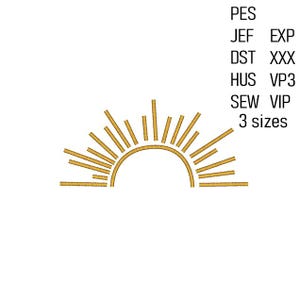 May include: Gold embroidery design of a stylized sun with rays. The design is available in PES, JEF, EXP, DST, HUS, VP3, and SEW formats.  It comes in 3 sizes.