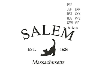 Salem Schwarze Katze Stickdatei, Halloween Muster, 4 Größen