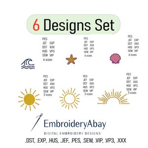 Op de afbeelding: Een digitale borduurontwerpset met zes ontwerpen: een golf, een zeester, een schelp en drie zonontwerpen. De tekst "6 Designs Set" staat bovenaan. Het EmbroideryAbay-logo en bestandstypen staan onderaan.