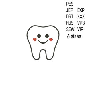 Tooth Applique Embroidery Design, Teeth Machine Embroidery File, Dental Embroidery Pattern, 6 sizes.