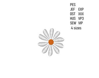 May include: A white daisy embroidery design with a bright orange centre. The image includes text indicating various embroidery file formats: PES, JEF, EXP, DST, XXX, HUS, VP3, and SEW, along with VIP and 4 sizes.