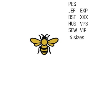May include: A yellow and black embroidered bee design. The bee has a yellow body and wings with black stripes. Text on the right side of the image includes embroidery file formats and "6 sizes".