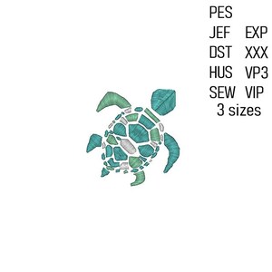 May include: A teal and green mosaic-style turtle embroidery design. The design is available in PES, JEF, EXP, DST, HUS, VP3, and SEW formats. It comes in 3 sizes.