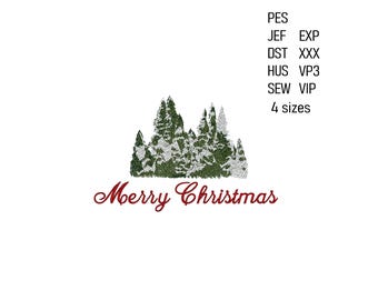 May include: An embroidered design featuring a cluster of evergreen trees covered in snow, with the words "Merry Christmas" in a cursive font. The design is accompanied by text indicating file formats and sizes.