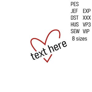 Puede incluir: Un contorno de corazón rojo con las palabras "text here" en negro, sobre un fondo blanco. El texto adicional incluye abreviaturas de tipos de archivo y "8 tamaños".