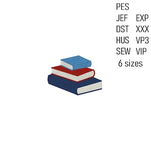 May include: An embroidered design of three stacked books in blue, red, and blue. The books have white pages and are on a white background. Text on the right side includes file formats and "6 sizes".