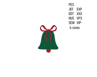 Puede incluir: Una campana verde con un lazo rojo y una bola roja en la parte inferior. La imagen también incluye texto: PES, JEF, EXP, DST, XXX, HUS, VP3, SEW, VIP, 4 tamaños.
