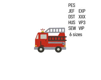 May include: A red fire truck illustration with a ladder, black wheels, and a yellow light on top. The image includes text indicating file formats: PES, JEF, EXP, DST, XXX, HUS, VP3, SEW, VIP, and "6 sizes".