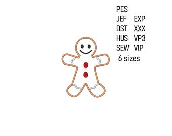 Peut inclure: Un bonhomme en pain d'épices souriant, avec un contour marron, des accents de glaçage blanc et des détails de boutons rouges. L'image comprend du texte indiquant divers formats de fichiers de broderie et "6 tailles".