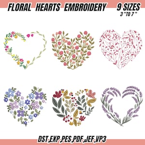Può includere: Immagine che mostra sei disegni di cuori ricamati con motivi floreali. Il testo "FLORAL HEARTS EMBROIDERY" è in alto, con "9 SIZES 3" TO 7"" sotto. La parte inferiore dell'immagine mostra i formati di file. Ogni cuore presenta una disposizione unica di fiori e foglie.