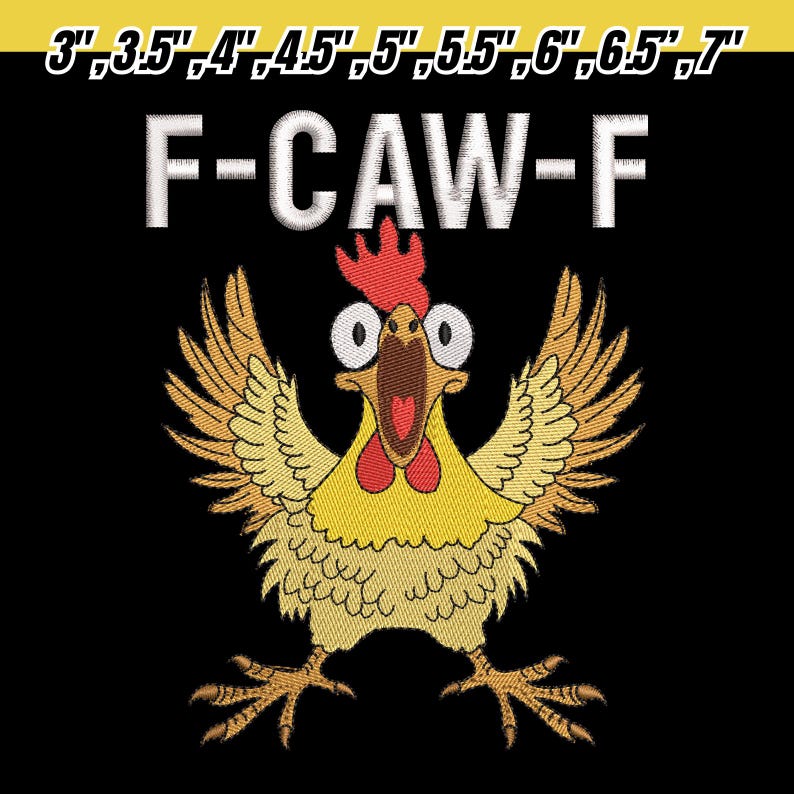 K&ouml;nnte beinhalten: Gesticktes Design mit einem Cartoon-Huhn mit offenem Schnabel und ausgebreiteten Fl&uuml;geln, in Gelb, Rot und Braun. Der Text "F-CAW-F" befindet sich &uuml;ber dem Huhn. Das Bild enth&auml;lt Gr&ouml;&szlig;enangaben von 7,6 cm bis 17,8 cm in Wei&szlig;.